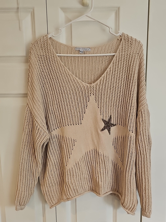 Tempo Paris Sweaters - Tempo Paris Beige Open-Knit V-Neck Sweater with Star Motif